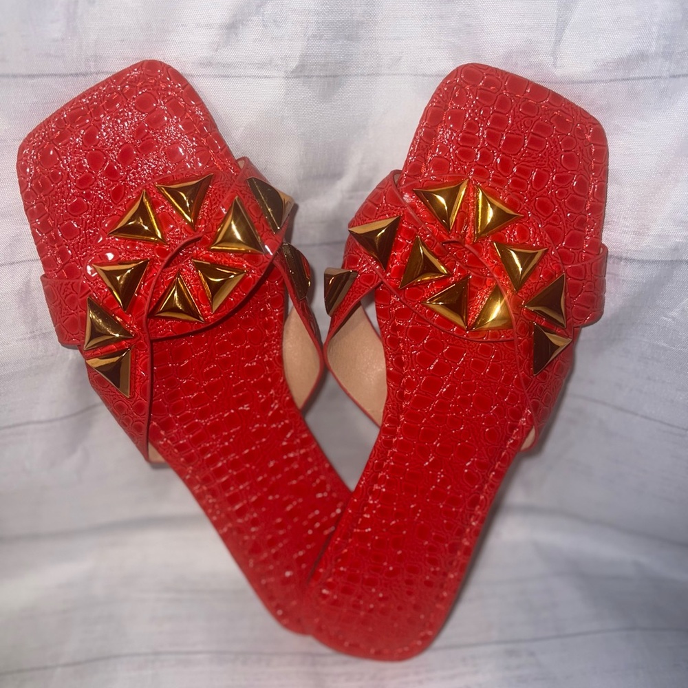 Red Croc-Embossed Slide Sandals with Gold Studs
